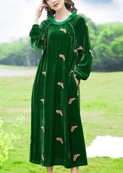 Green Ruffled Embroideried Silk Velour Maxi Dresses Ac3004