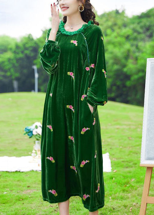 Green Ruffled Embroideried Silk Velour Maxi Dresses Ac3004
