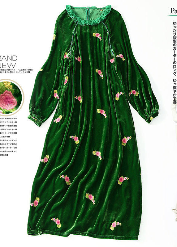 Green Ruffled Embroideried Silk Velour Maxi Dresses Ac3004