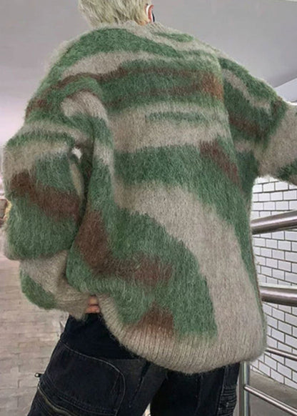 Green Striped Patchwork Knit Sweaters Winter Rc028