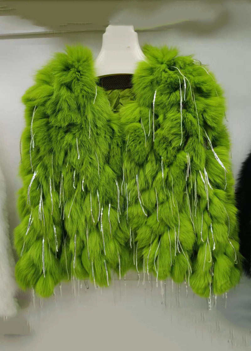Green Tasseled Original Design Leather and Fur Coats Spring Yw043