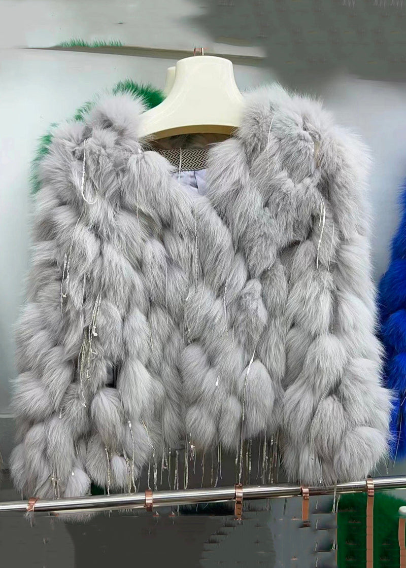 Green Tasseled Original Design Leather and Fur Coats Spring Yw043