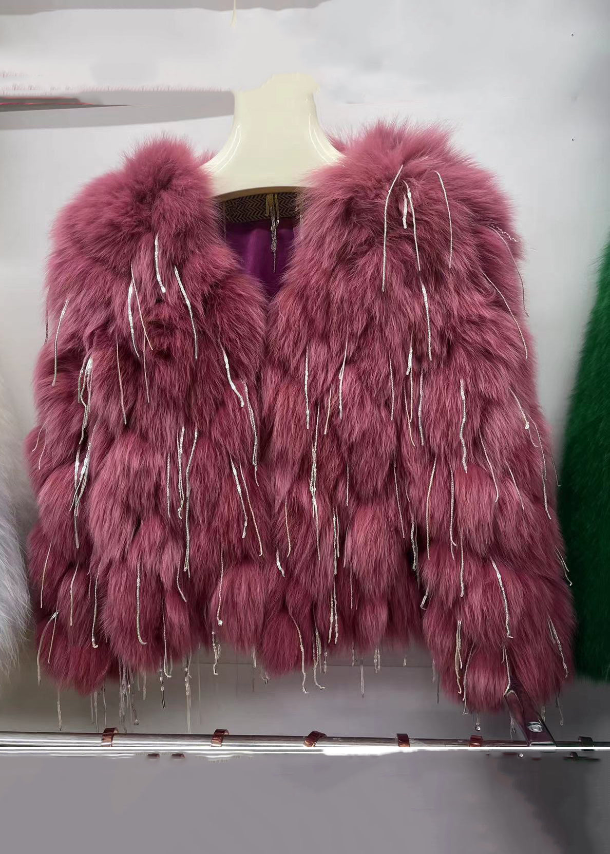 Green Tasseled Original Design Leather and Fur Coats Spring Yw043