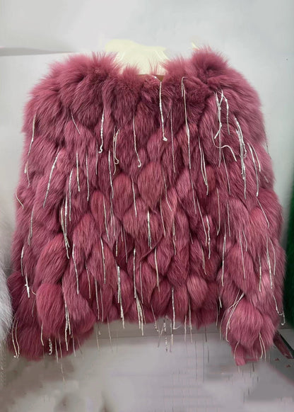 Green Tasseled Original Design Leather and Fur Coats Spring Yw043
