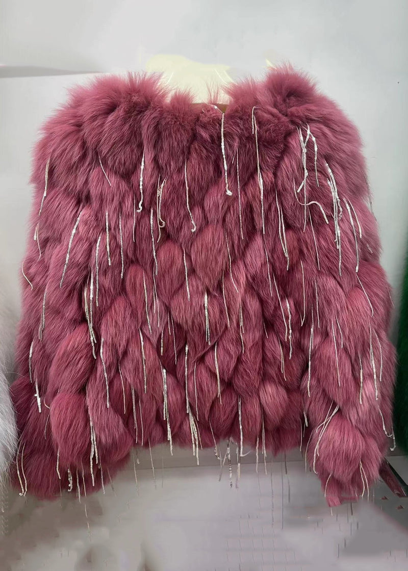 Green Tasseled Original Design Leather and Fur Coats Spring Yw043