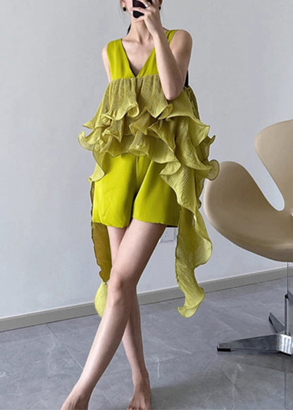 Green V Neck Patchwork Tassel Jumpsuit Summer Vb1047