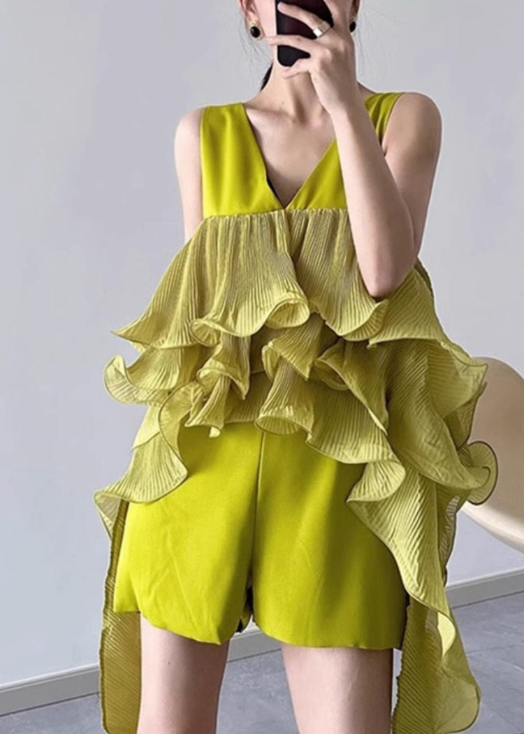 Green V Neck Patchwork Tassel Jumpsuit Summer Vb1047