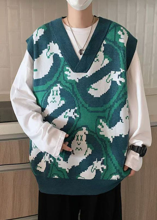 Green V Neck Print Cozy Knit Waistcoat Sleeveless Rj031