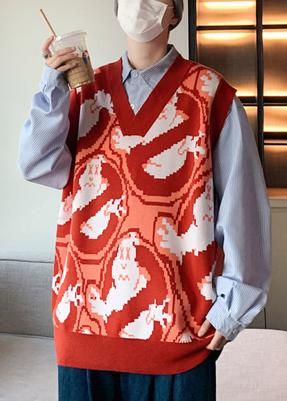Green V Neck Print Cozy Knit Waistcoat Sleeveless Rj031
