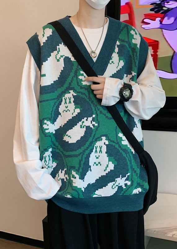 Green V Neck Print Cozy Knit Waistcoat Sleeveless Rj031