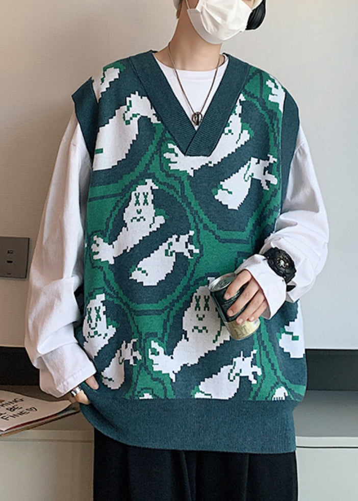 Green V Neck Print Cozy Knit Waistcoat Sleeveless Rj031