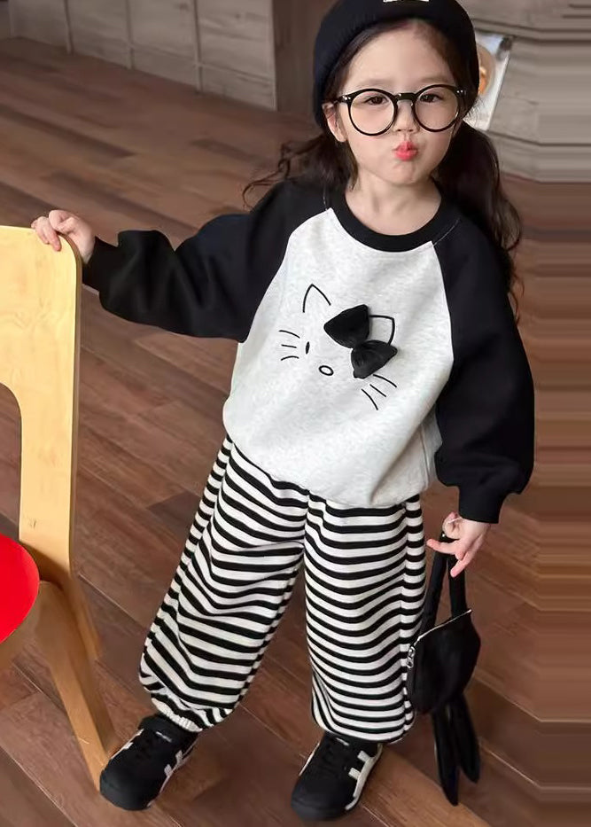 Grey O-neck Striped Sweatshirt and Lantern Pants Two Piece Set Spring Tr007