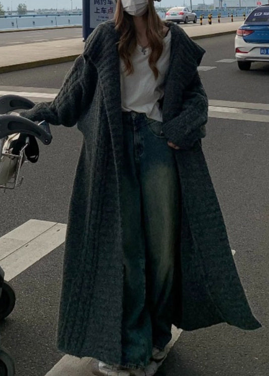 Grey Peter Pan Collar Long Knit Loose Cardigans Fall Rs052