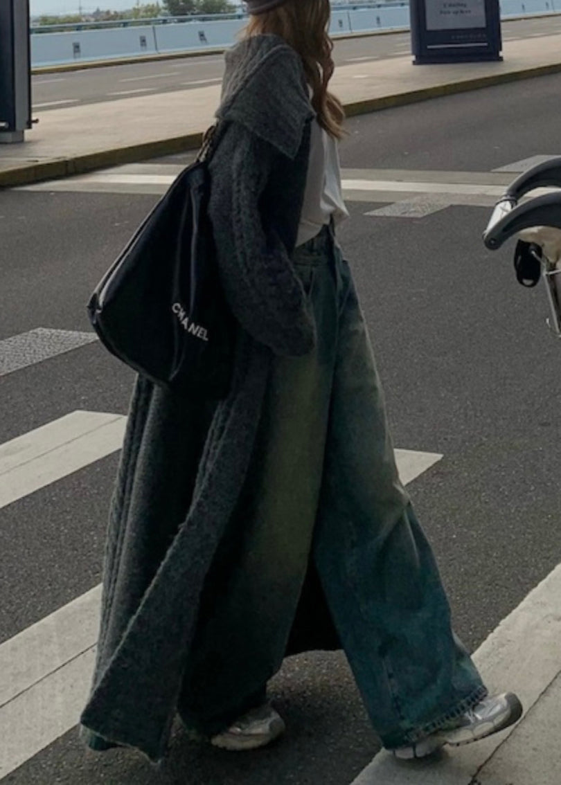 Grey Peter Pan Collar Long Knit Loose Cardigans Fall Rs052