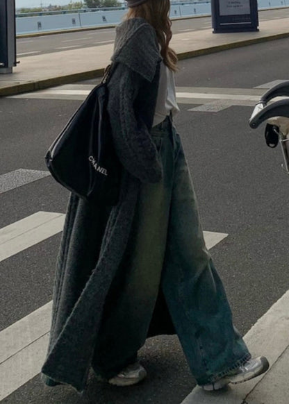 Grey Peter Pan Collar Long Knit Loose Cardigans Fall Rs052