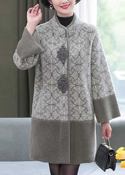 Grey Stand Collar Print Patchwork Mink Velvet Coats Spring Ta013