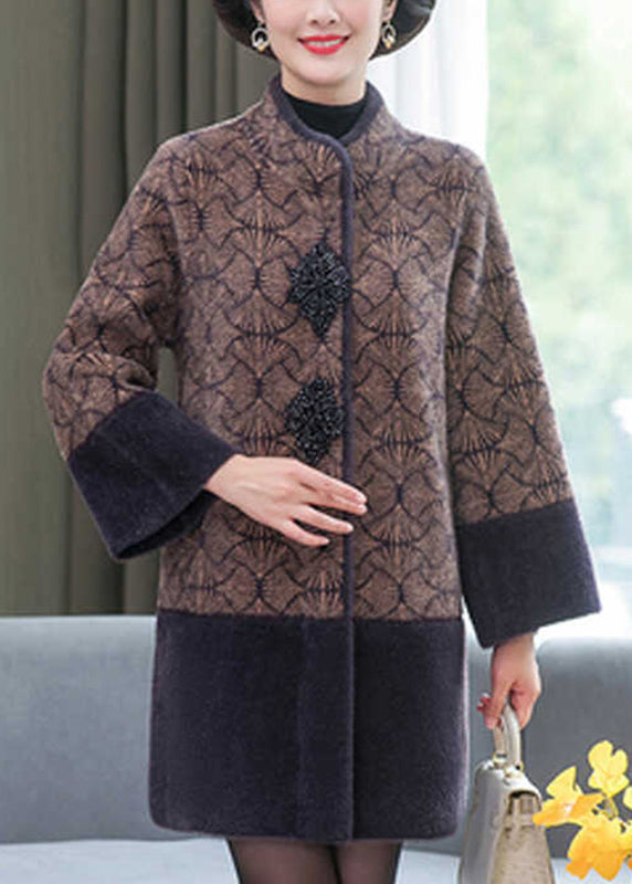 Grey Stand Collar Print Patchwork Mink Velvet Coats Spring Ta013