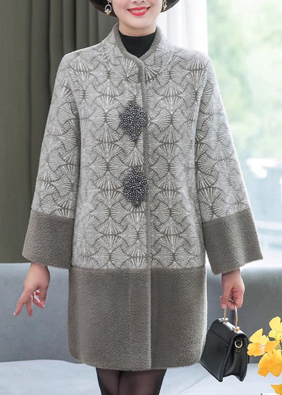 Grey Stand Collar Print Patchwork Mink Velvet Coats Spring Ta013