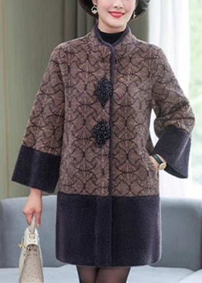 Grey Stand Collar Print Patchwork Mink Velvet Coats Spring Ta013