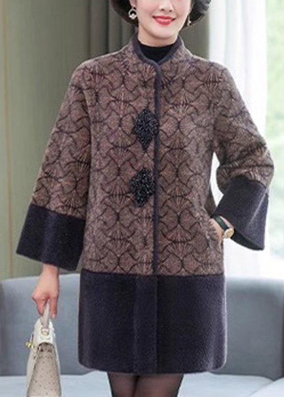 Grey Stand Collar Print Patchwork Mink Velvet Coats Spring Ta013
