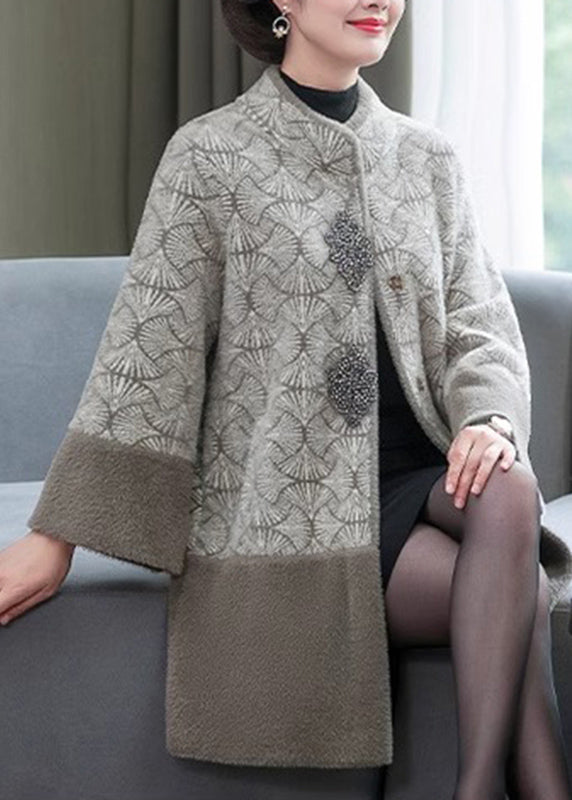 Grey Stand Collar Print Patchwork Mink Velvet Coats Spring Ta013