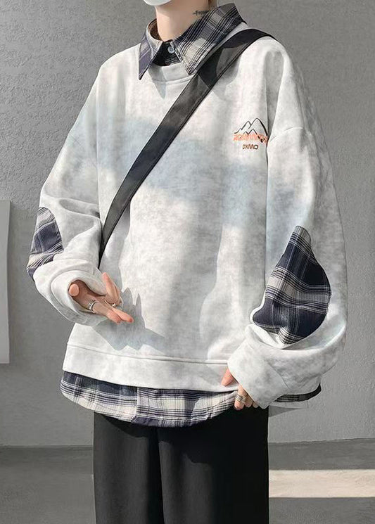 Warm Tie Sweatshirts Plaid Patchwork Grey Dye Fleece