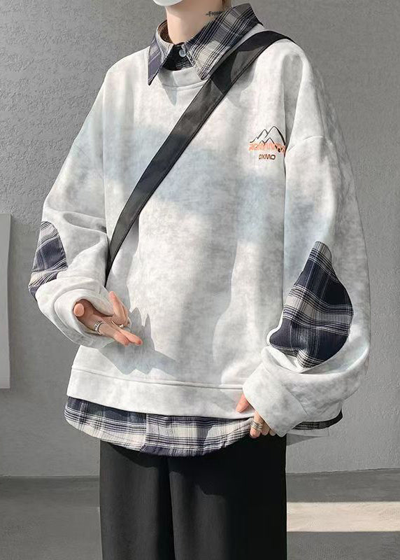 Warm Tie Sweatshirts Plaid Patchwork Grey Dye Fleece