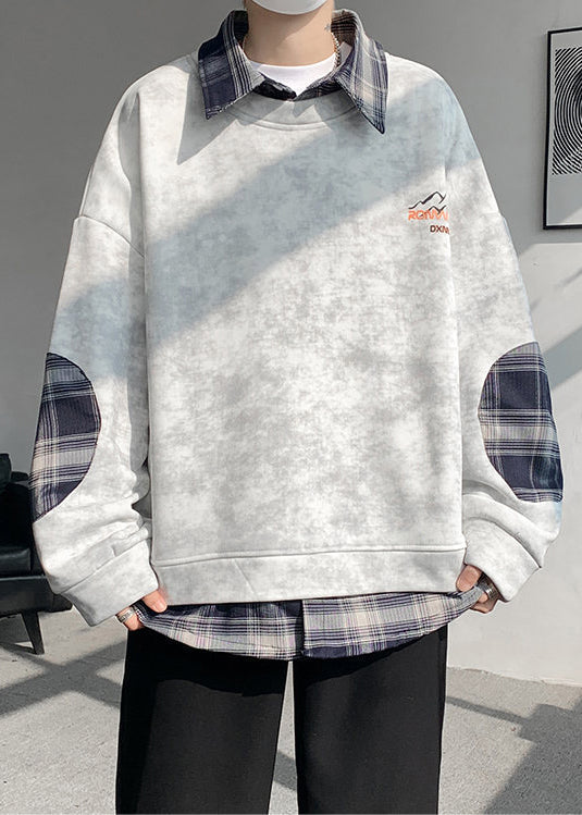 Warm Tie Sweatshirts Plaid Patchwork Grey Dye Fleece