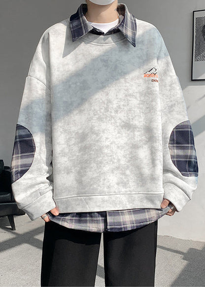 Warm Tie Sweatshirts Plaid Patchwork Grey Dye Fleece