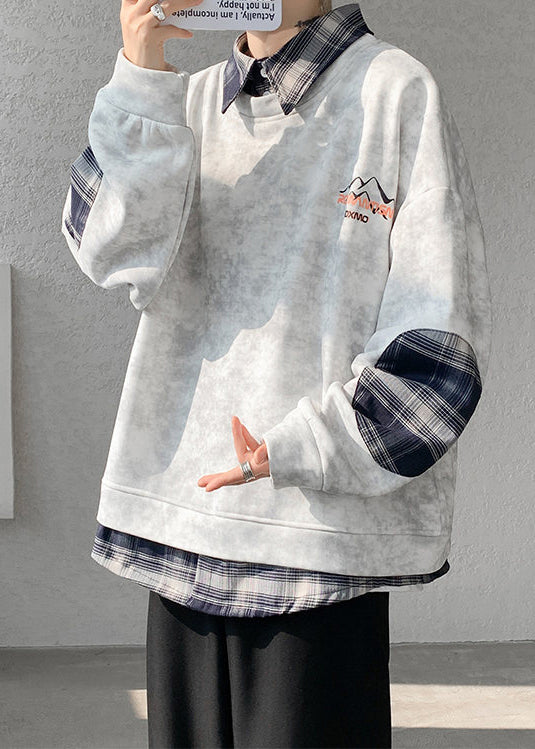 Warm Tie Sweatshirts Plaid Patchwork Grey Dye Fleece