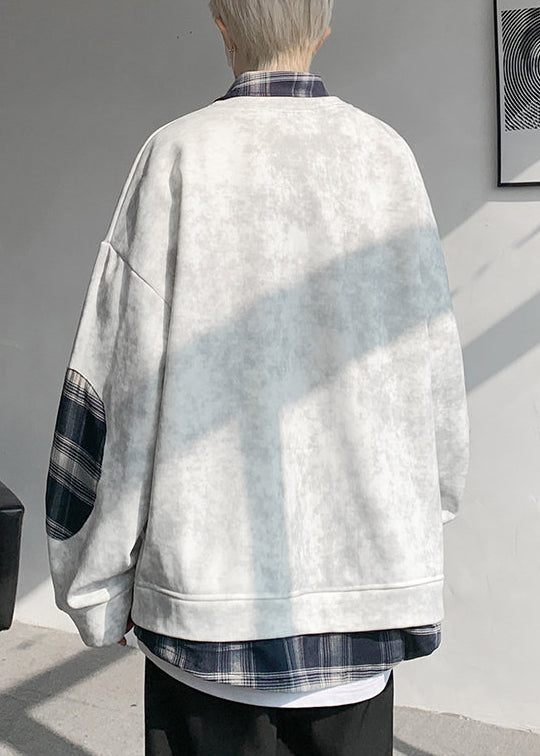 Warm Tie Sweatshirts Plaid Patchwork Grey Dye Fleece