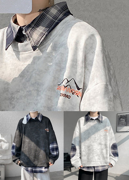 Warm Tie Sweatshirts Plaid Patchwork Grey Dye Fleece