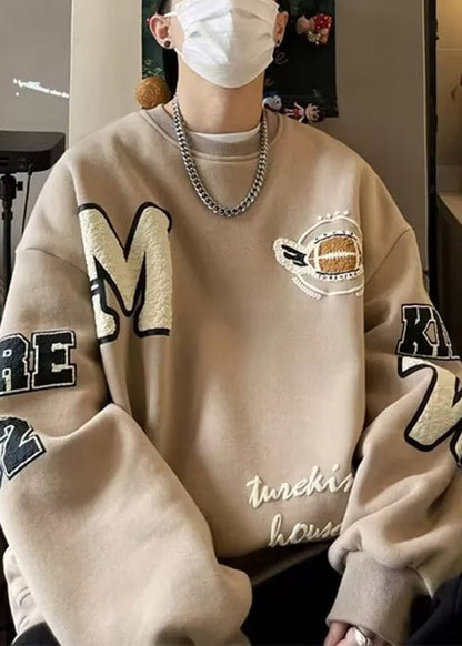 Khaki O Neck Patchwork Warm Fleece Loose Sweatshirt Winter Eq017