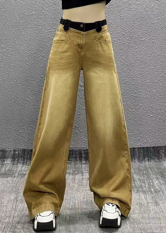 Khaki Pockets Patchwork Denim Wide Leg Pants Fall Ri007