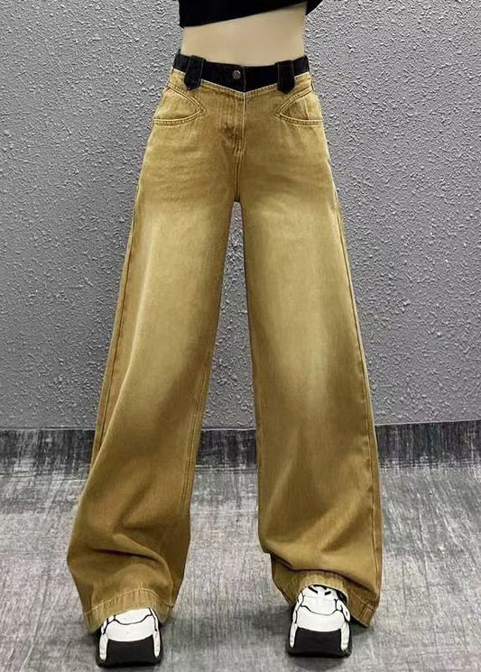 Khaki Pockets Patchwork Denim Wide Leg Pants Fall Ri007