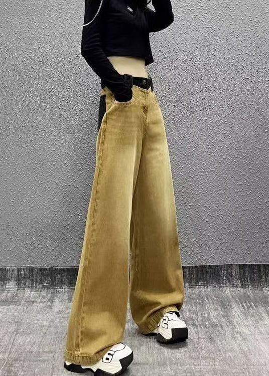 Khaki Pockets Patchwork Denim Wide Leg Pants Fall Ri007
