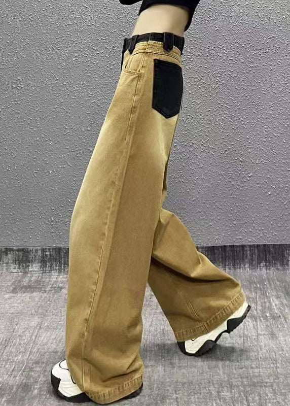 Khaki Pockets Patchwork Denim Wide Leg Pants Fall Ri007