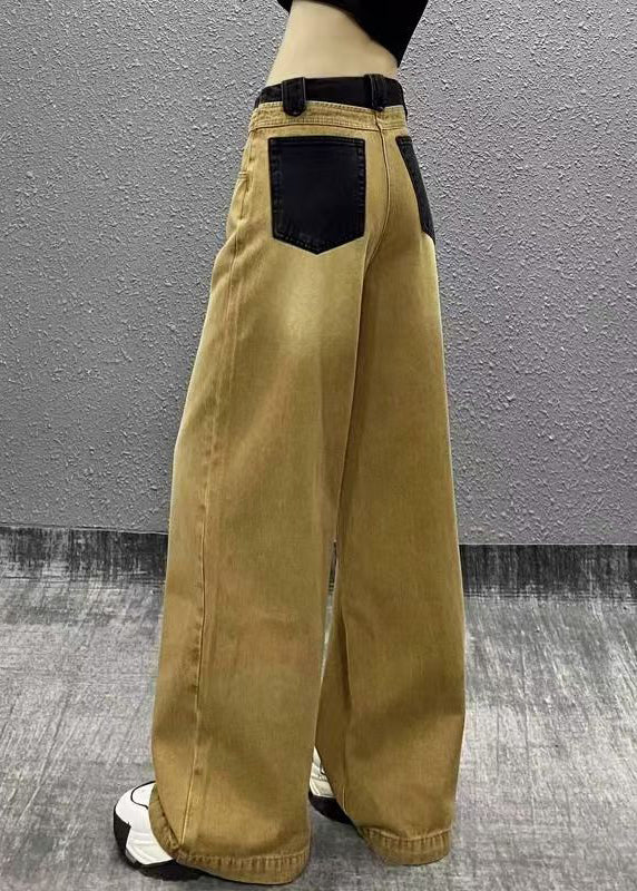 Khaki Pockets Patchwork Denim Wide Leg Pants Fall Ri007