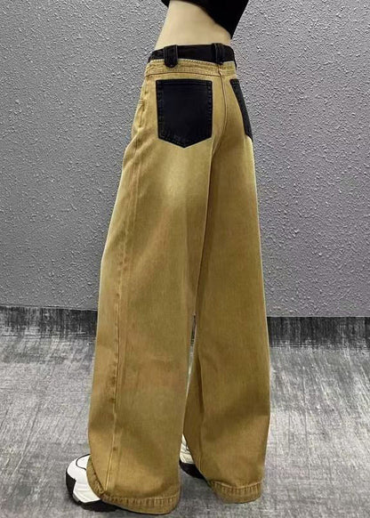 Khaki Pockets Patchwork Denim Wide Leg Pants Fall Ri007