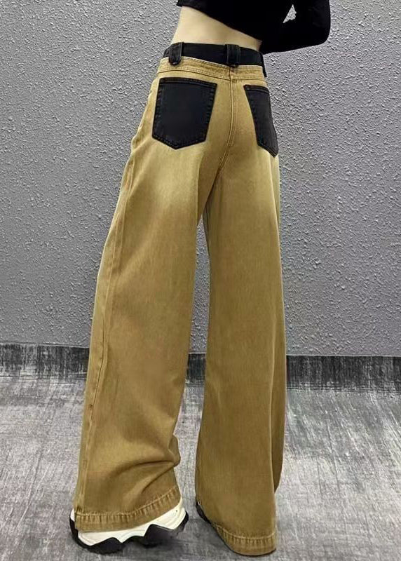 Khaki Pockets Patchwork Denim Wide Leg Pants Fall Ri007