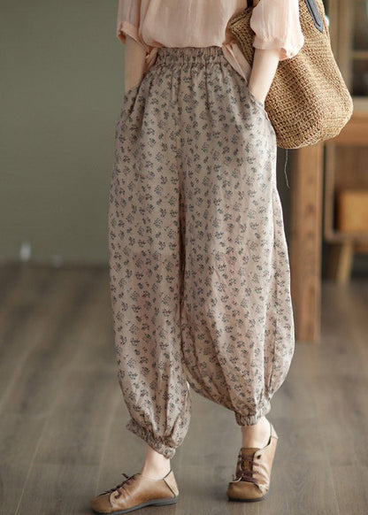 Khaki Print Elastic Waist Linen Beam Pants Spring Ly1501