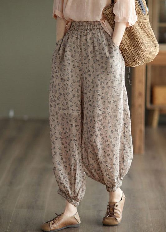 Khaki Print Elastic Waist Linen Beam Pants Spring Ly1501