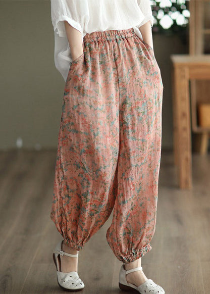 Khaki Print Elastic Waist Linen Beam Pants Spring Ly1501