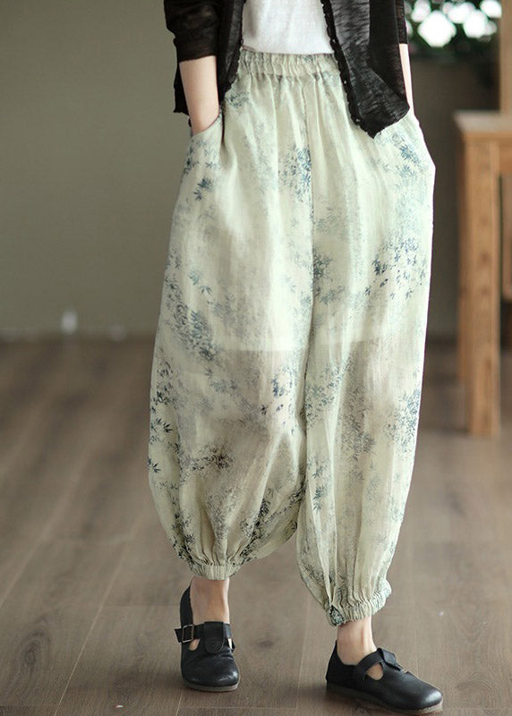 Khaki Print Elastic Waist Linen Beam Pants Spring Ly1501