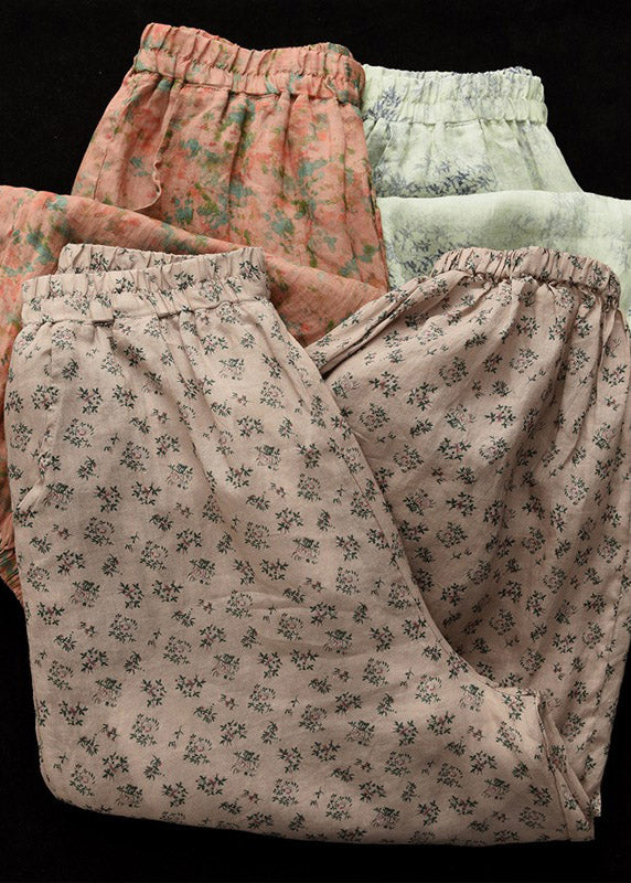 Khaki Print Elastic Waist Linen Beam Pants Spring Ly1501