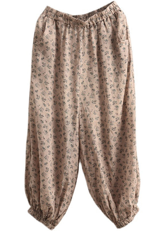 Khaki Print Elastic Waist Linen Beam Pants Spring Ly1501
