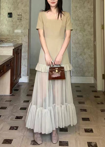 Khaki Square Collar Ruffled Patchwork Cotton Long Dresses Summer Zl066