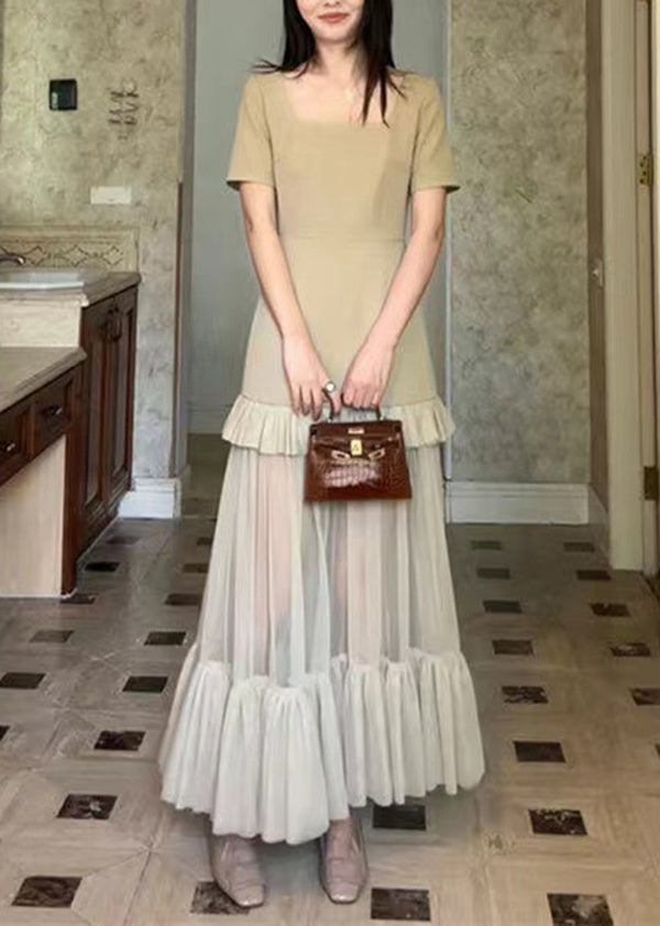 Khaki Square Collar Ruffled Patchwork Cotton Long Dresses Summer Zl066
