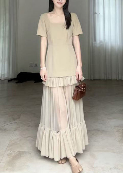 Khaki Square Collar Ruffled Patchwork Cotton Long Dresses Summer Zl066