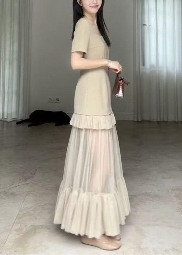Khaki Square Collar Ruffled Patchwork Cotton Long Dresses Summer Zl066